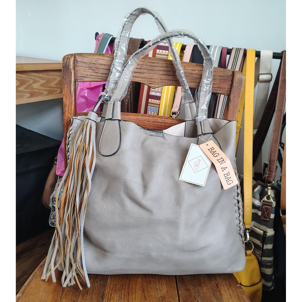 Jen Co Tote Large Gray Bag In A Bag Tassel Pouch Purse Vegan Faux Leather Beige - Picture 3 of 16